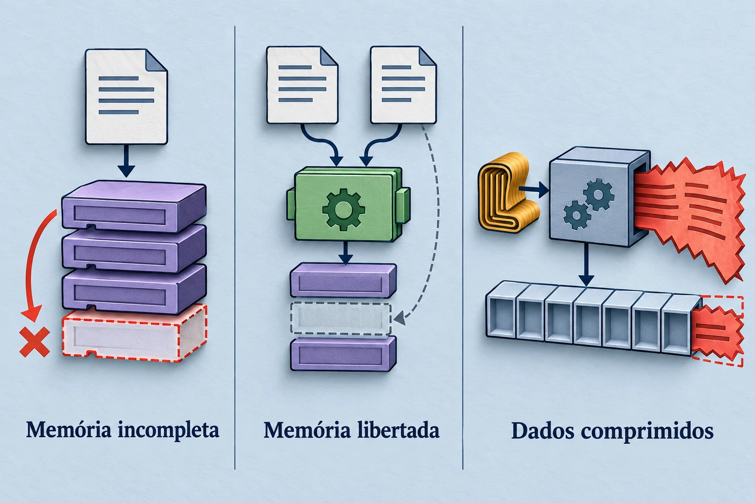 Ilustração conceptual de três mecanismos: preparação incompleta da memória, referência a memória libertada e dados comprimidos que ultrapassam um limite.