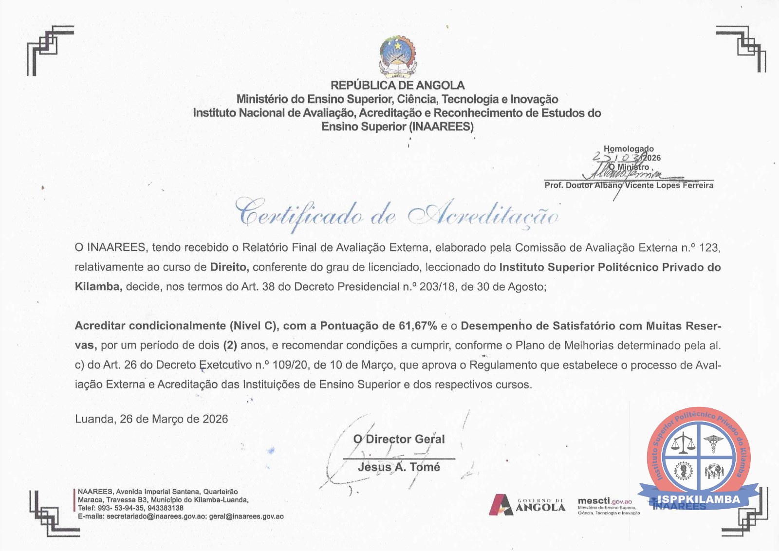Certificados de Creditação pelo INAAREES